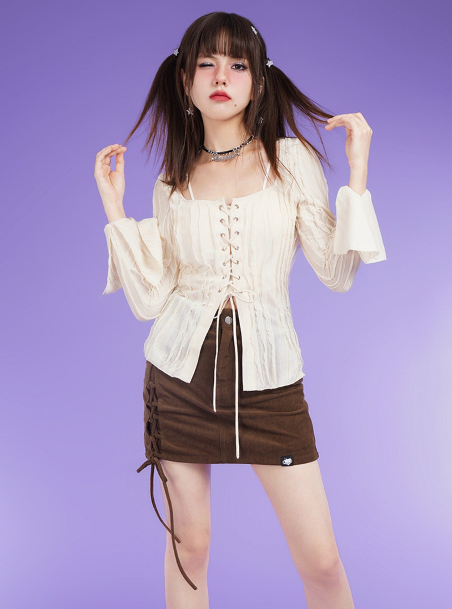 Lace-up bell sleeve texture top