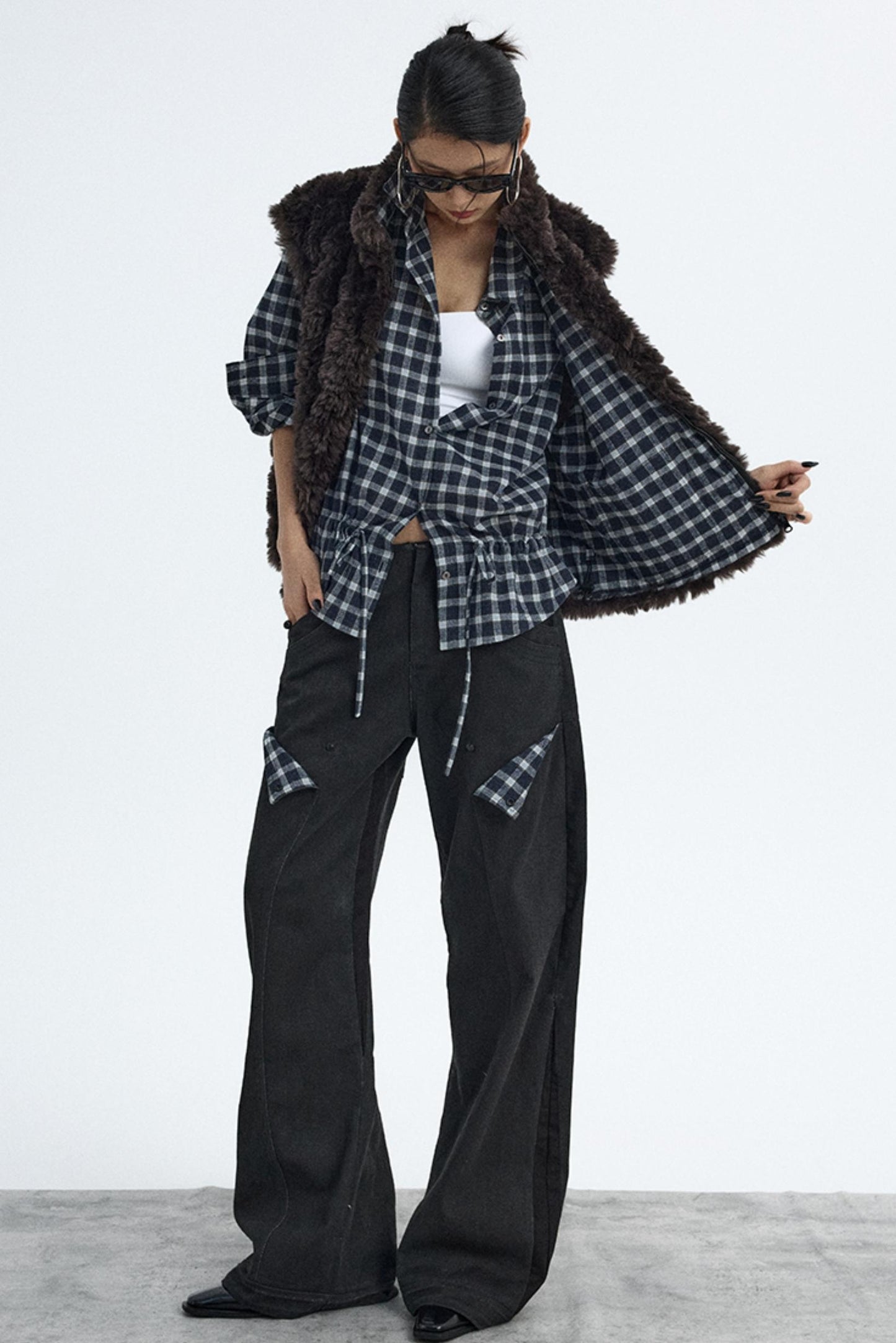 Navy Plaid Drawstring Top