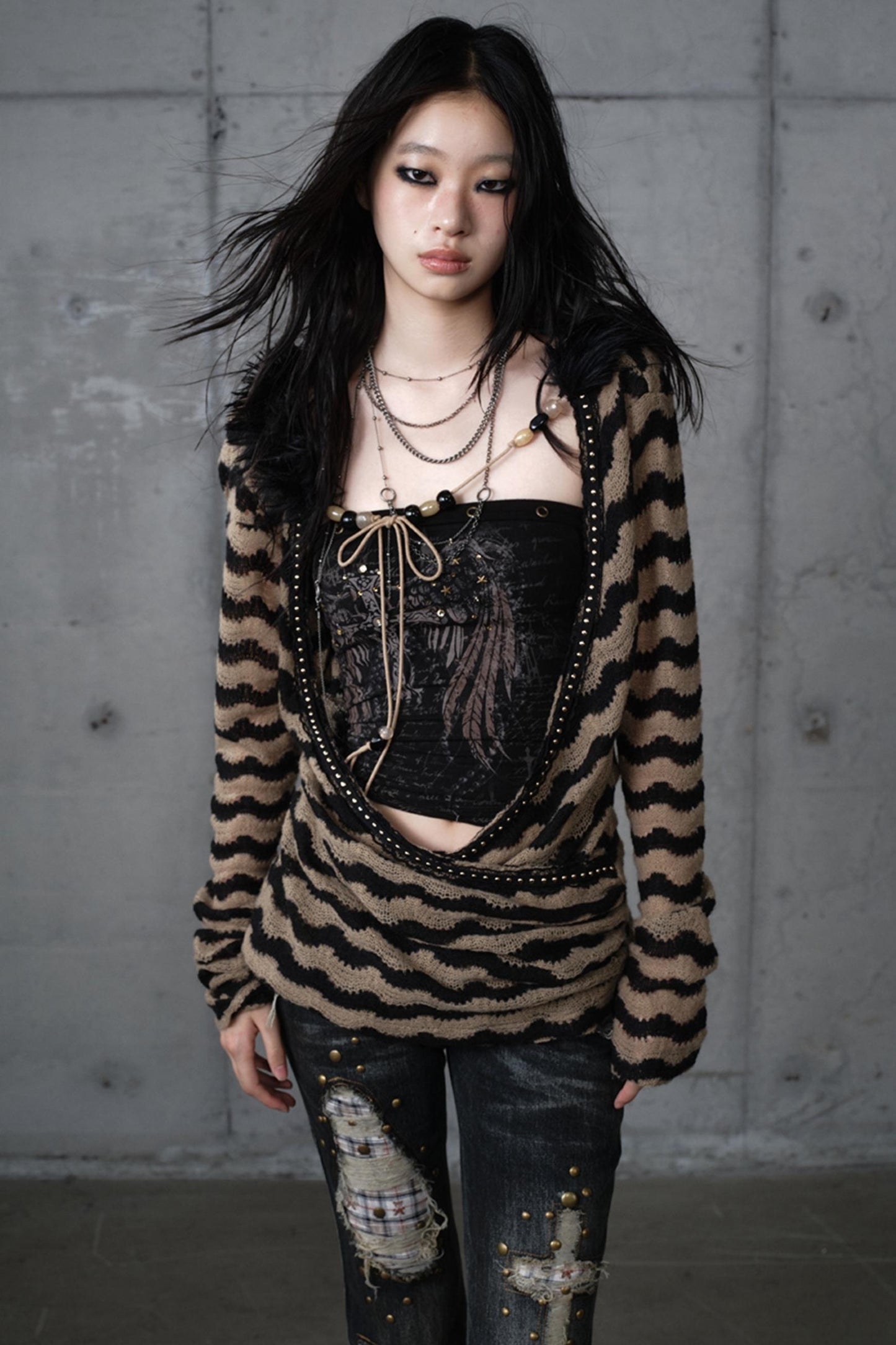 Bandeau Fake Two-Piece Striped Knit Top Set