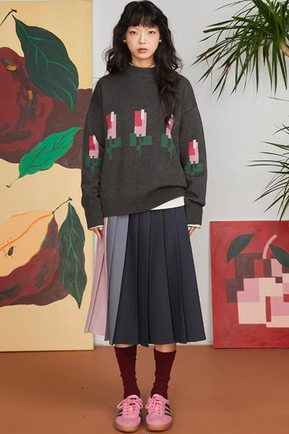 Jacquard Tulip Wool Knit Pullover