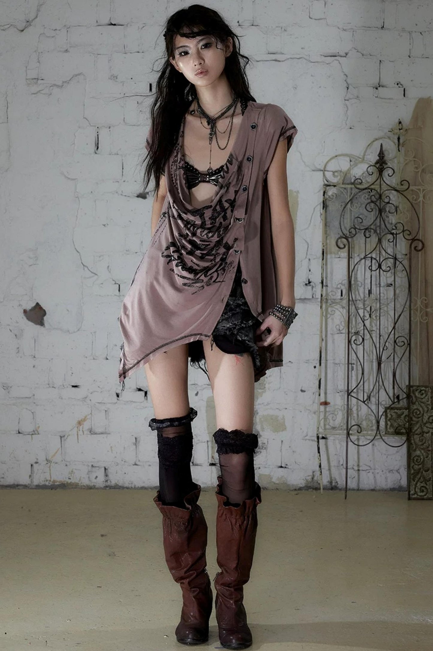 Punk Asymmetrical Neckline T-Shirt Set-Up