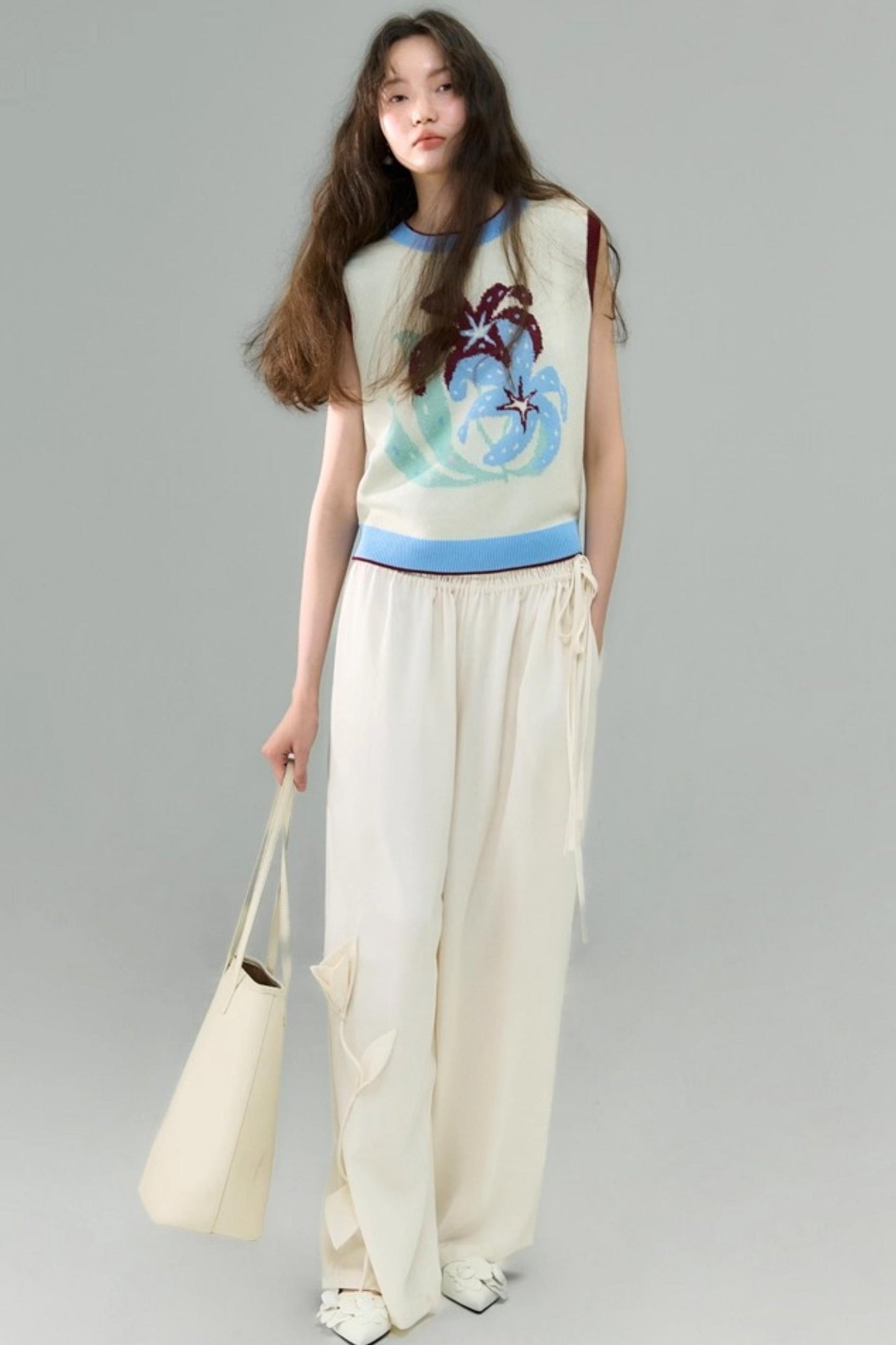 Three-Dimensional Calla Lily Linen Blend Wide-Leg Pants