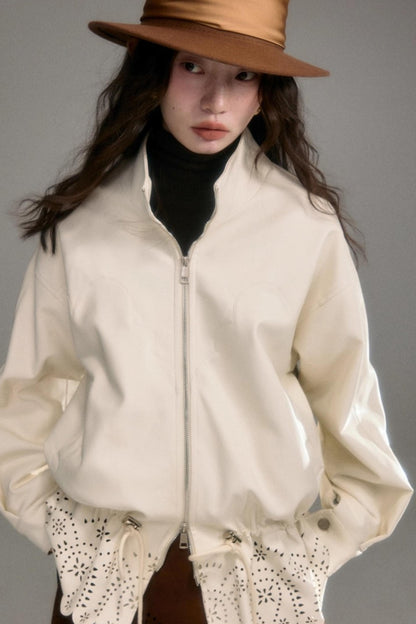 Hollow-Out Floral Leather Jacket