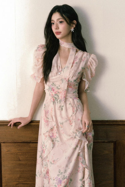 Pink Chiffon V-Neck Summer Dress