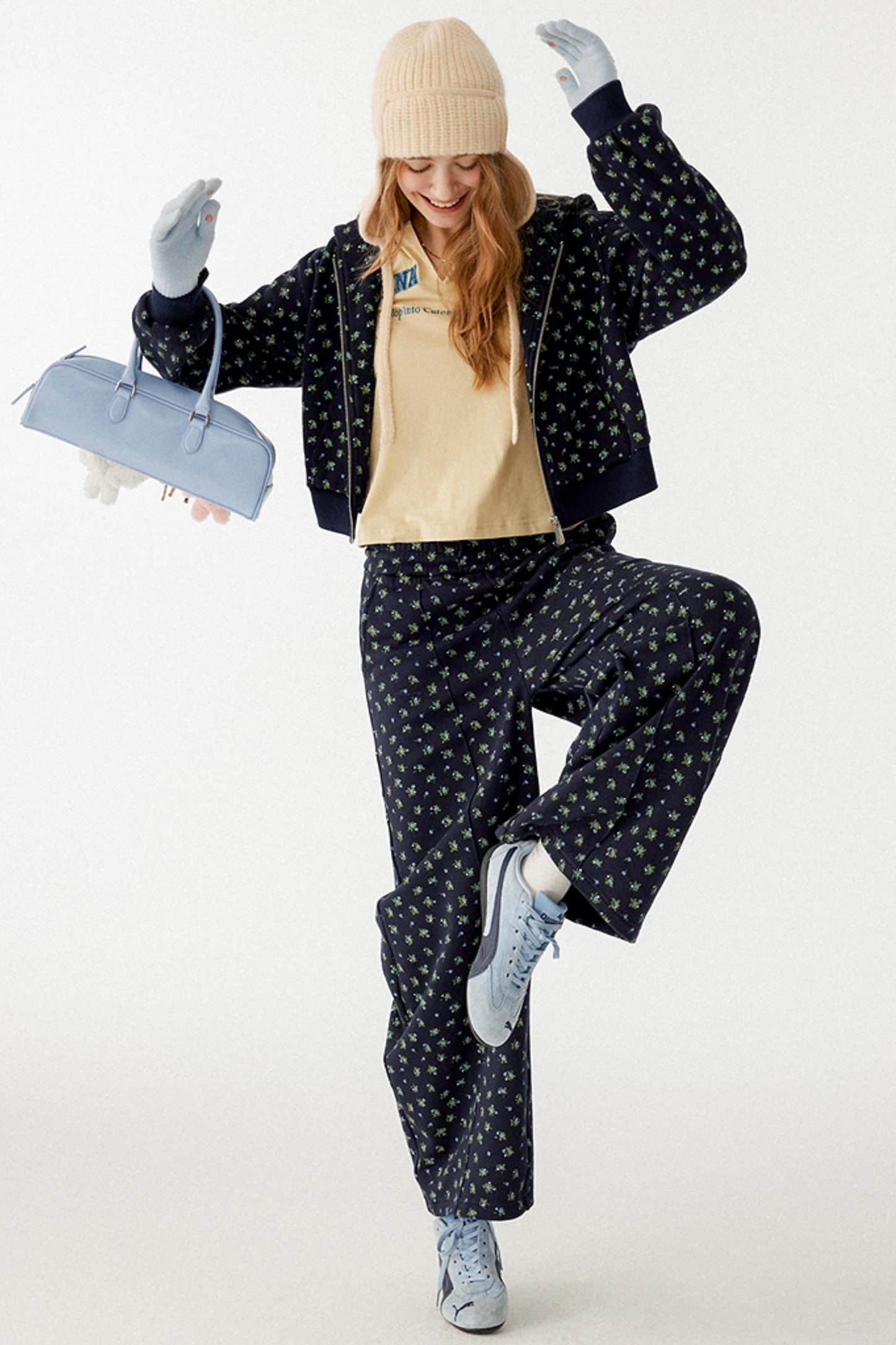 Navy Blue Floral Hooded Jacket Set-Up