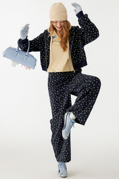 Navy Blue Floral Hooded Jacket Set-Up