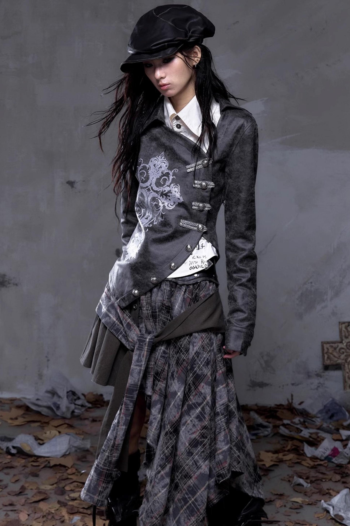 Vintage Slanted Placket Printed Leather Shirt