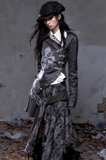 Vintage Slanted Placket Printed Leather Shirt