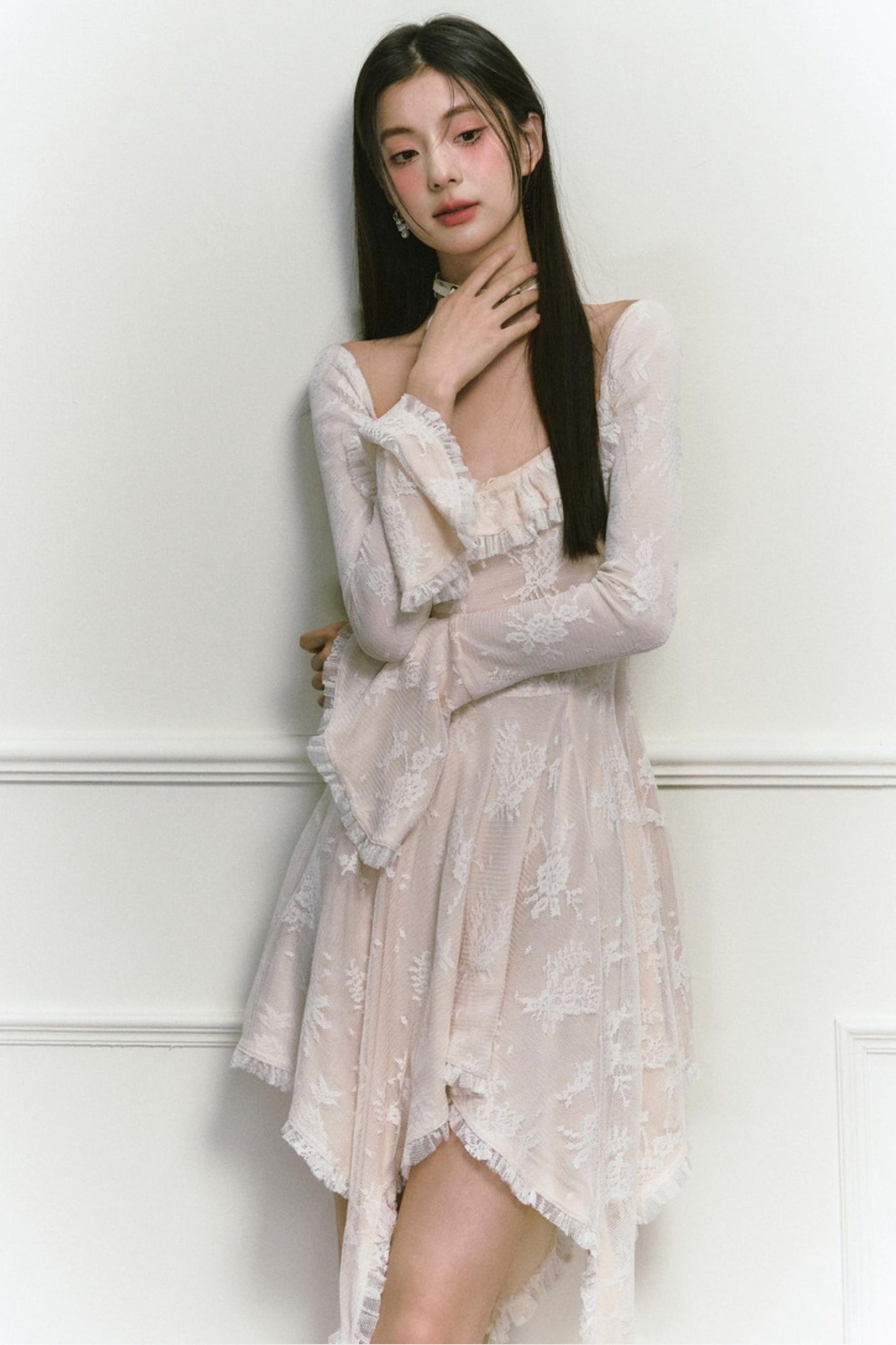 Square Neck Asymmetric Long Sleeve Dress