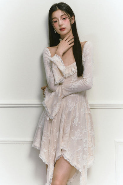 Square Neck Asymmetric Long Sleeve Dress