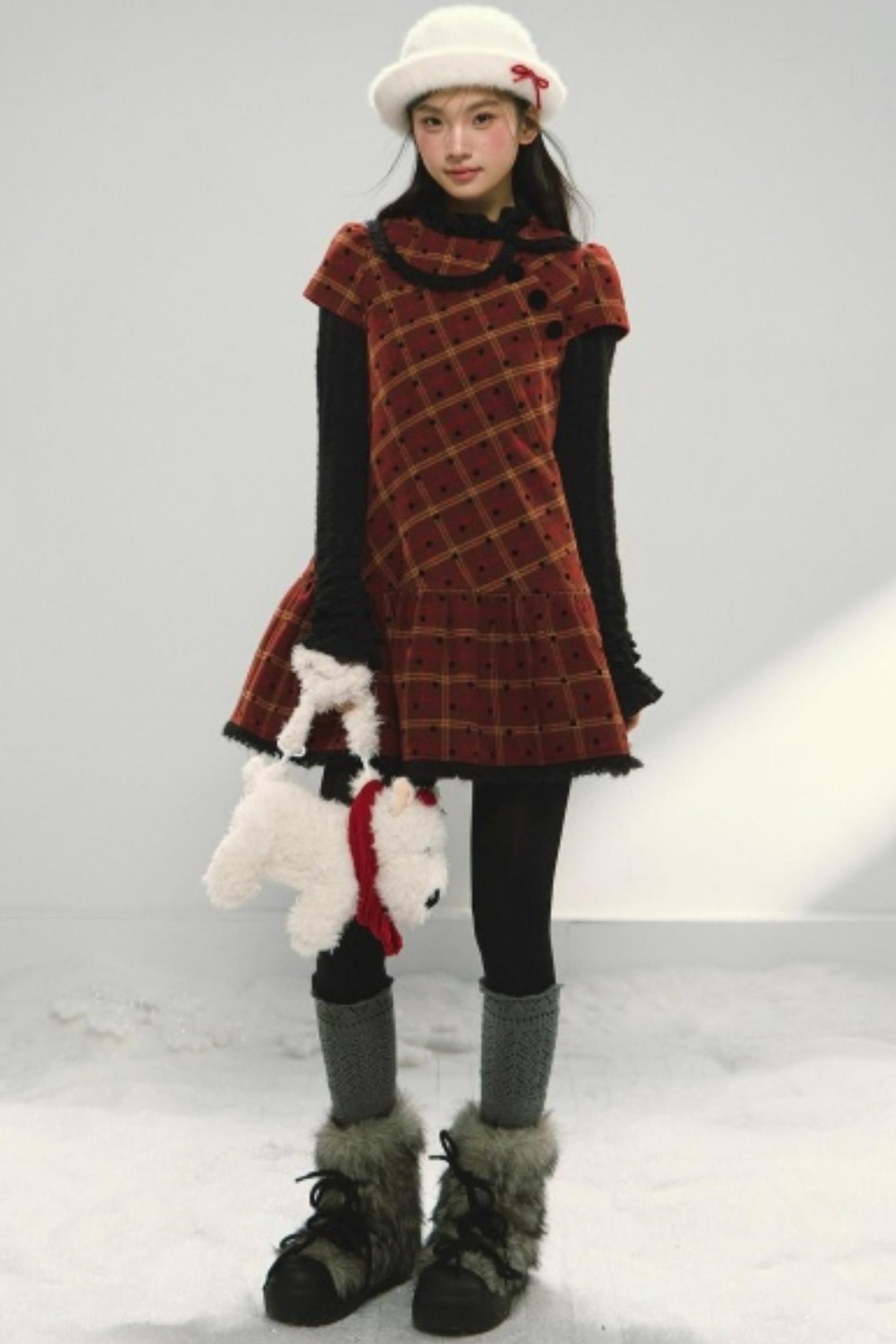 Christmas Plaid Tweed A-Line Dress Set-Up