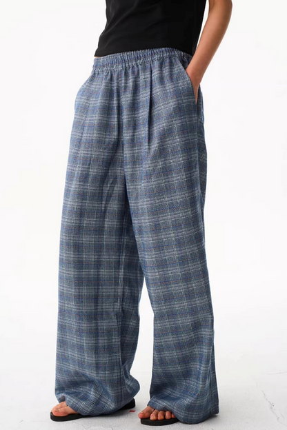 Blue Plaid Wide-Leg Pants