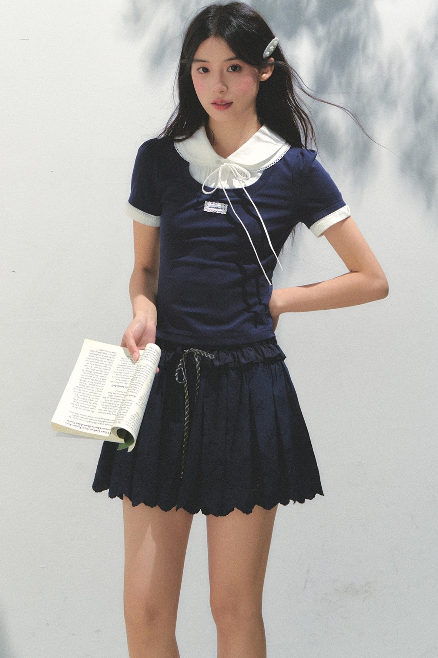 Navy Pleated Embroidered Skirt