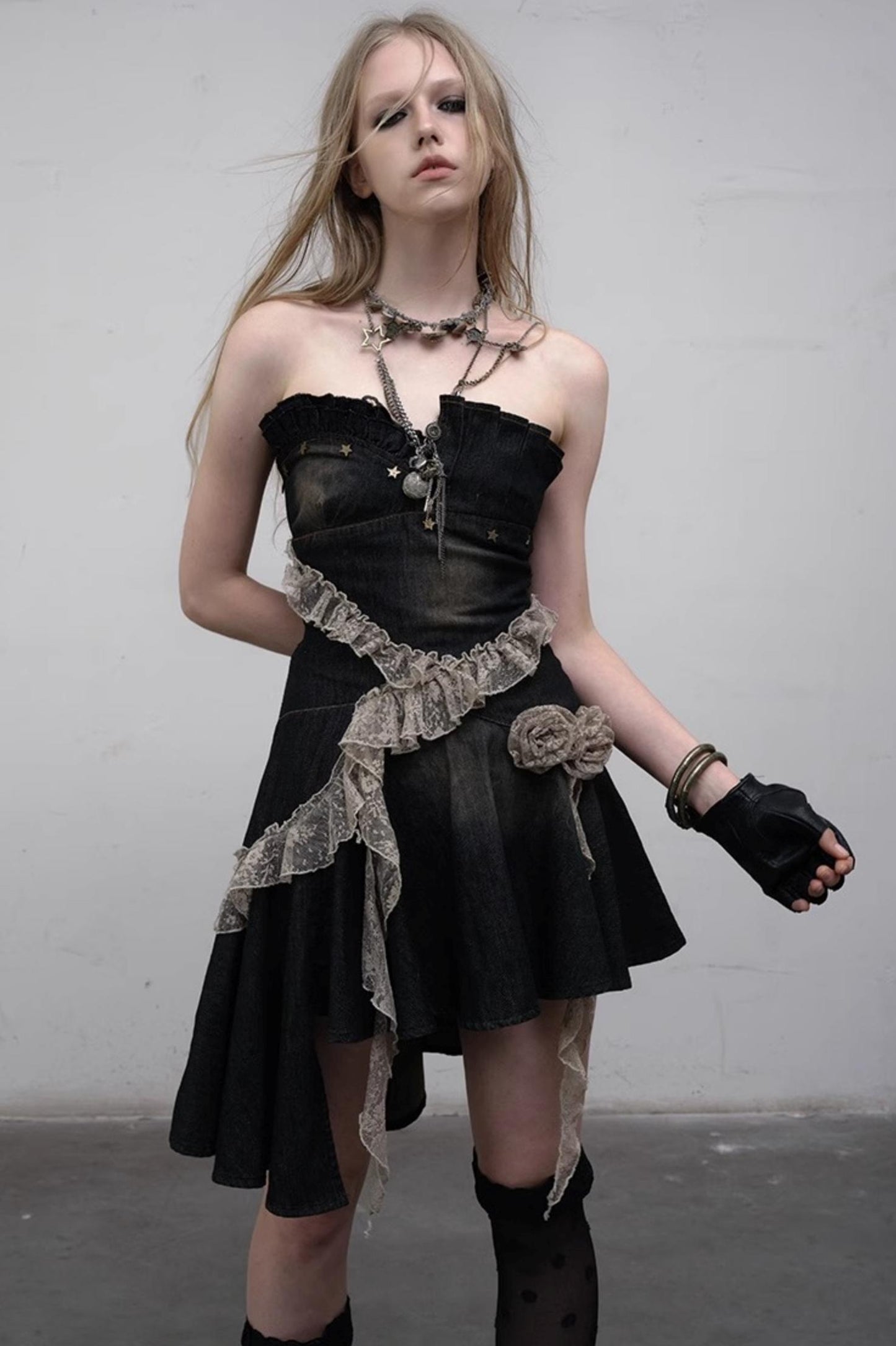 Vintage Black Lace Denim Dress