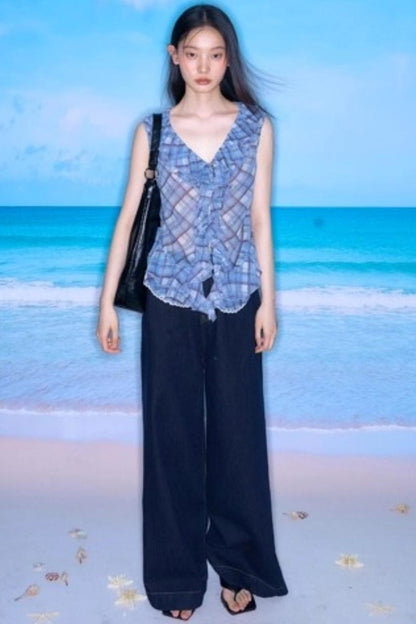 Plaid Ruffle V-Neck Top