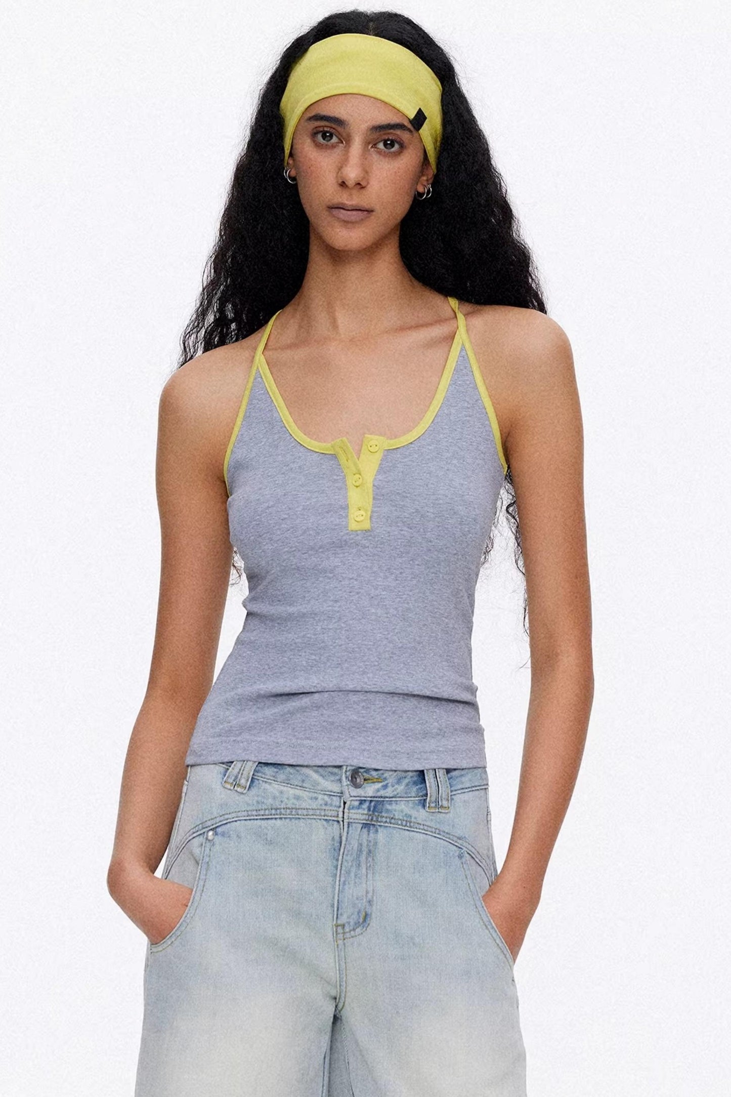 Grey contrast trim slim-fit tank top for women