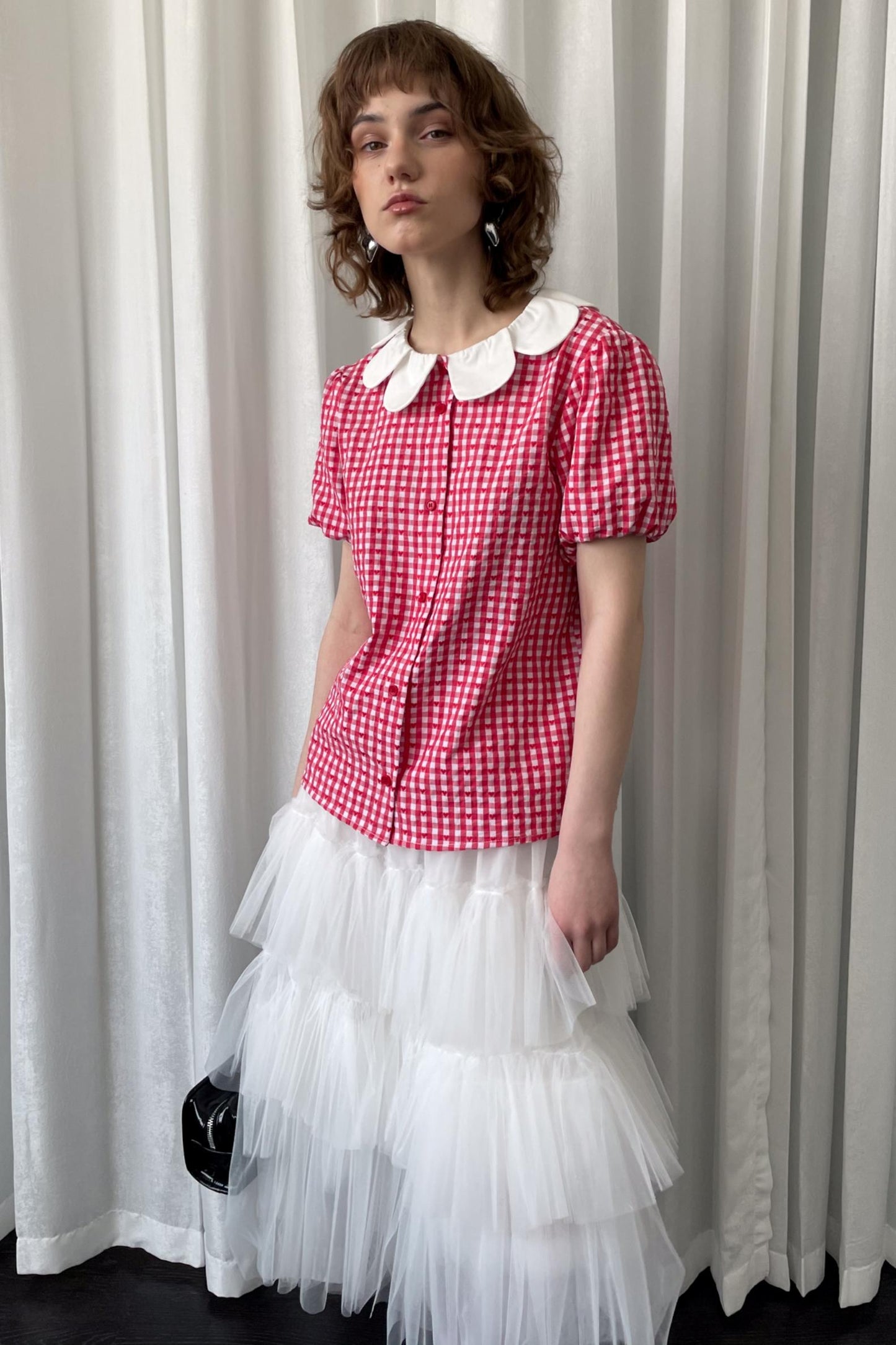 Red Plaid Lantern Sleeve Shirt