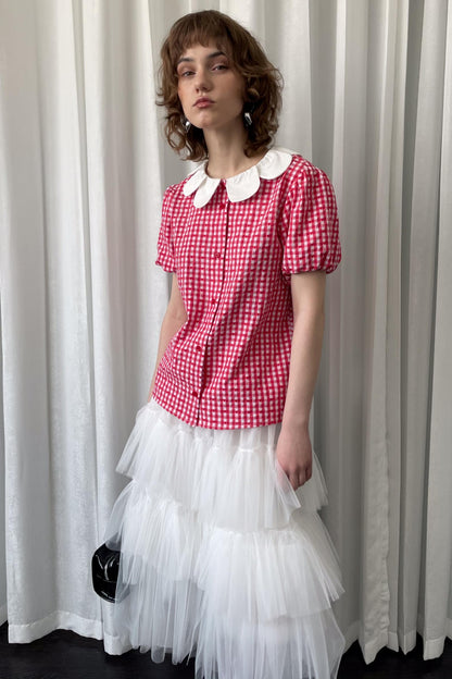 Red Plaid Lantern Sleeve Shirt