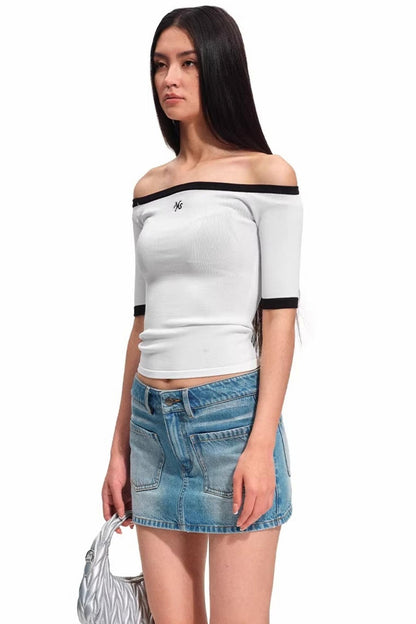 Off-Shoulder Contrast Knit Top