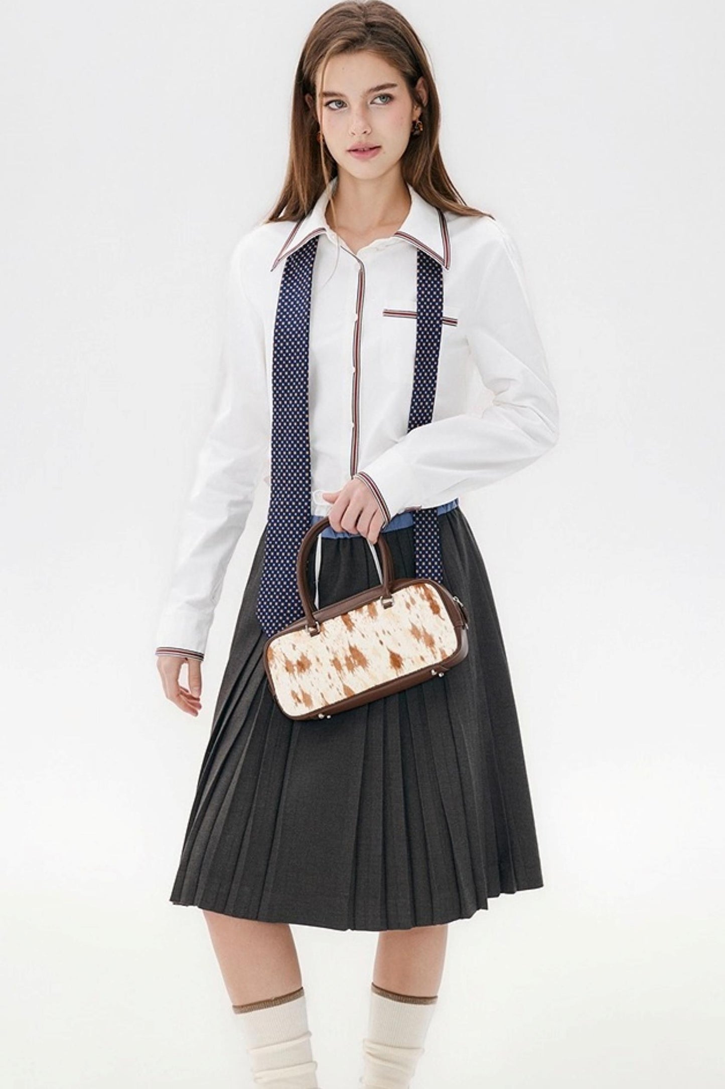 Gray Wool Blend Pleated Skirt