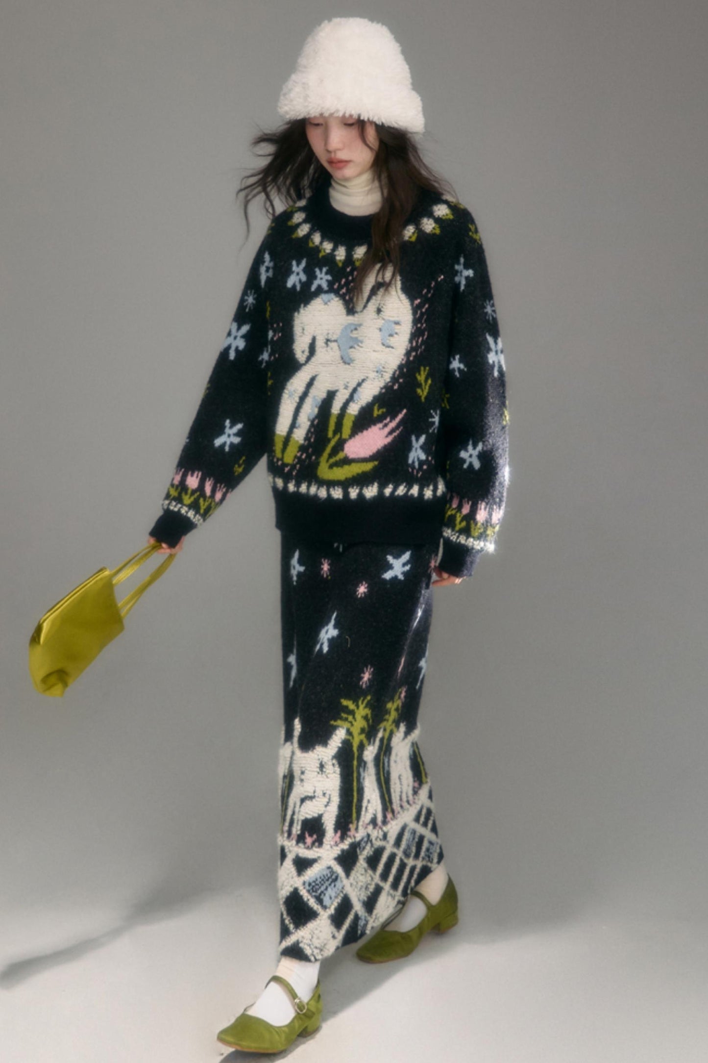 Animal Jacquard Wool Top & Skirt Set-Up