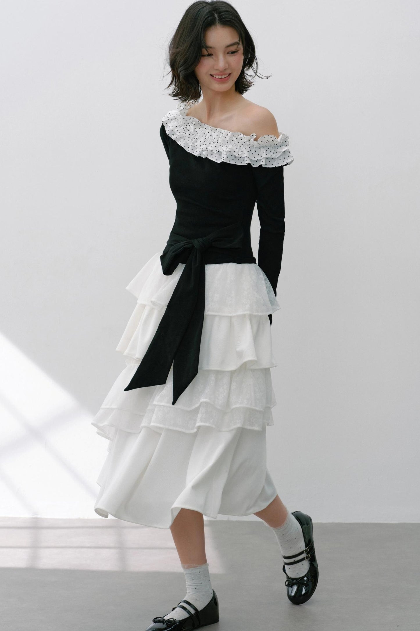 Slanted Polka Dot Long-Sleeved T-Shirt