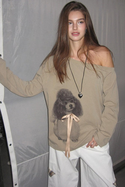 Khaki Bow knot Off-Shoulder T-Shirt