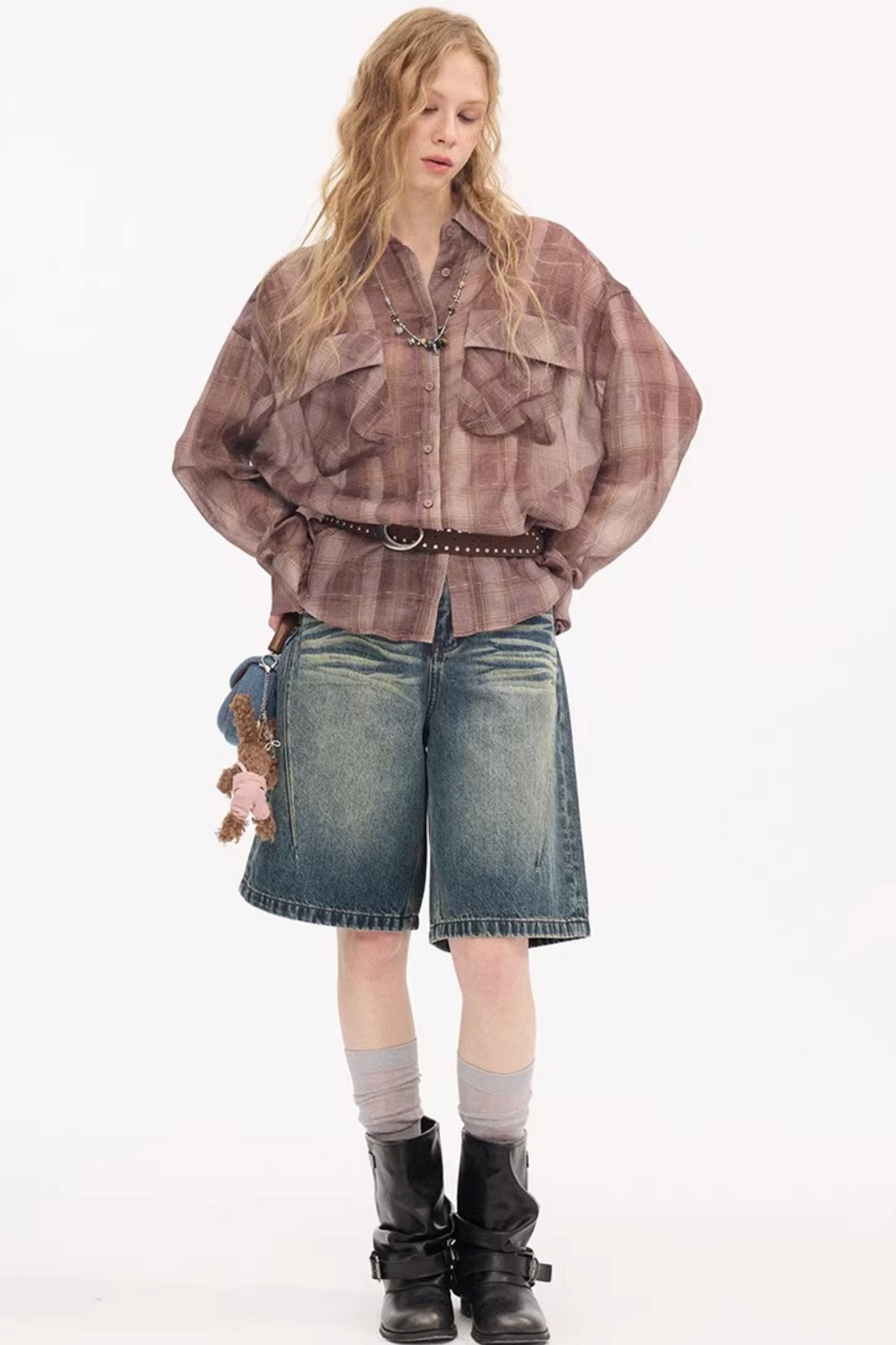 Plaid Lantern Sleeve Blouse