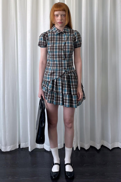 Blue Plaid Two-Piece Top Skirt Set-Up