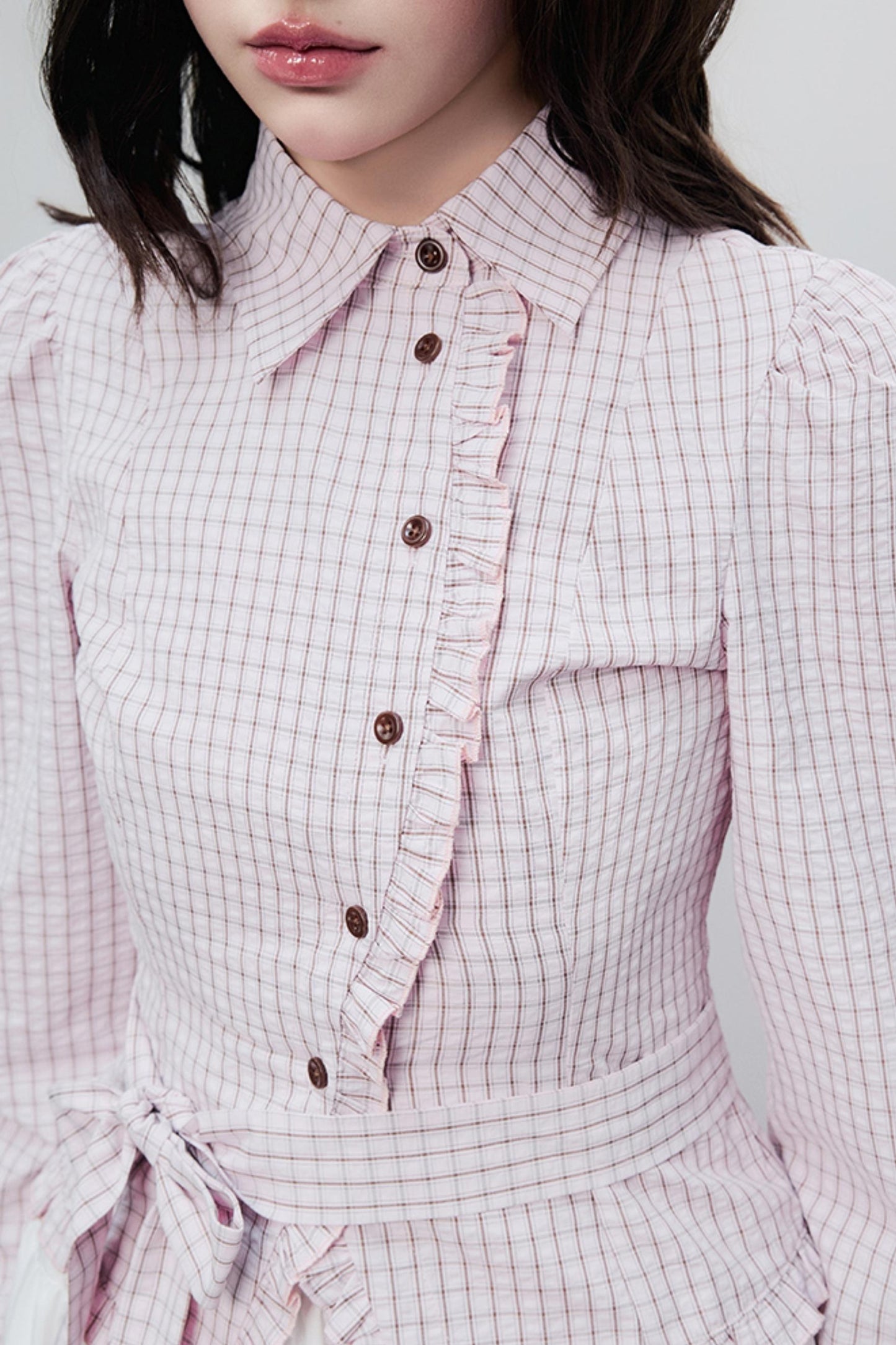 Spring Slim Plaid Ruffle Tie Shirt