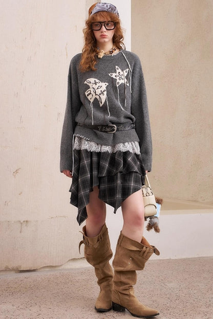 Star Fringe Long Sleeve Knit Pullover Top