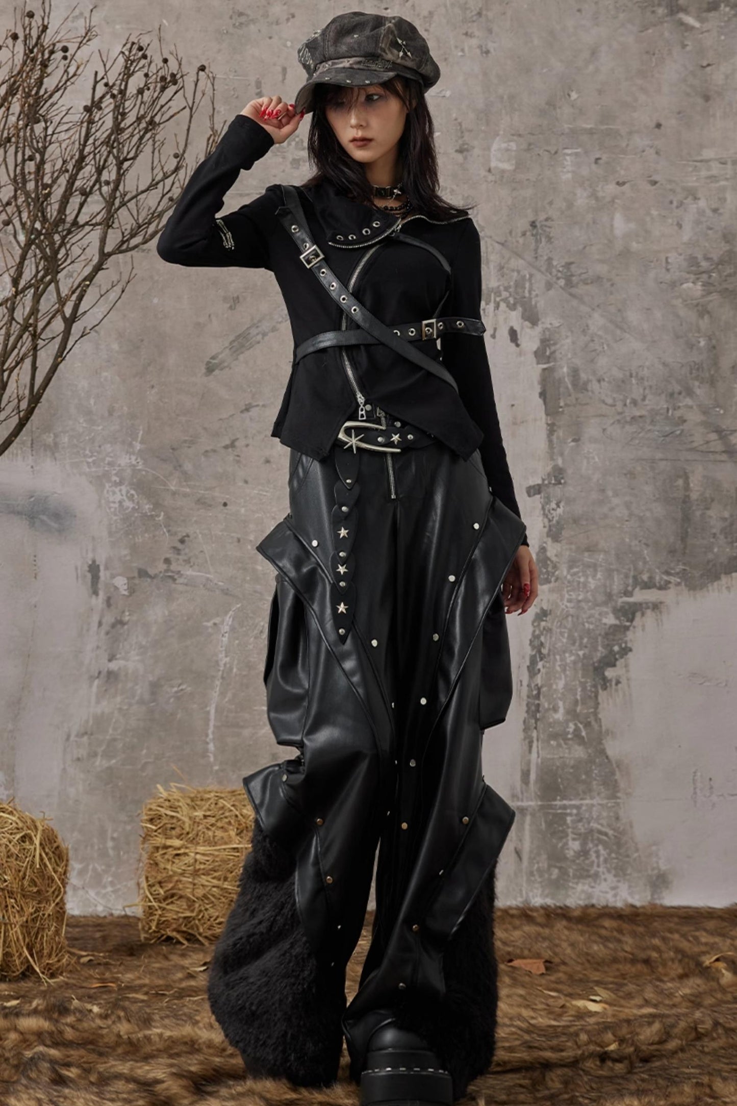 Autumn Punk Wide-Leg Leather Pants