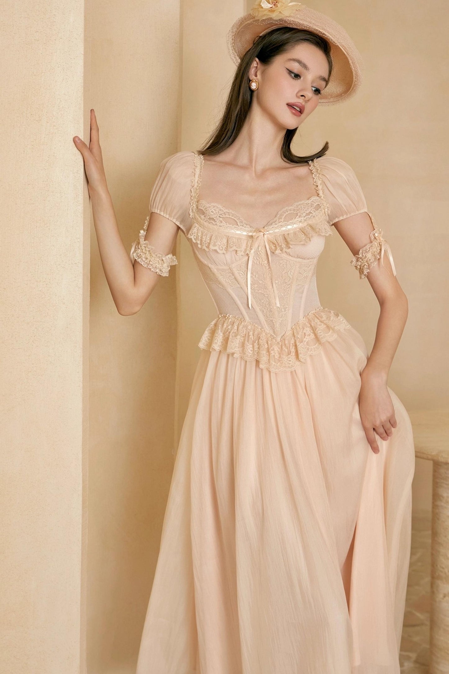 French Champagne Lace Corset Dress Set