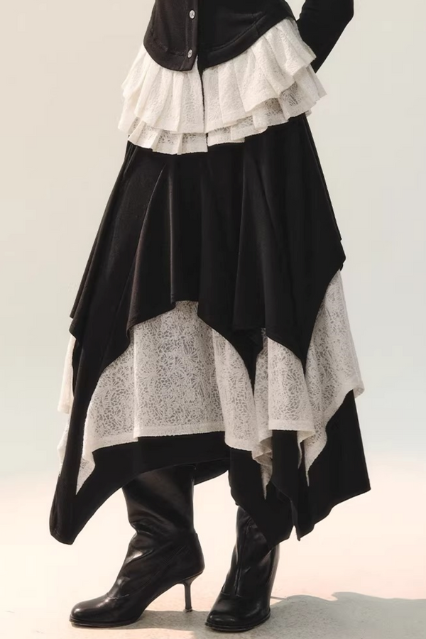 Wool Lace Patchwork Top Skirt Set-Up