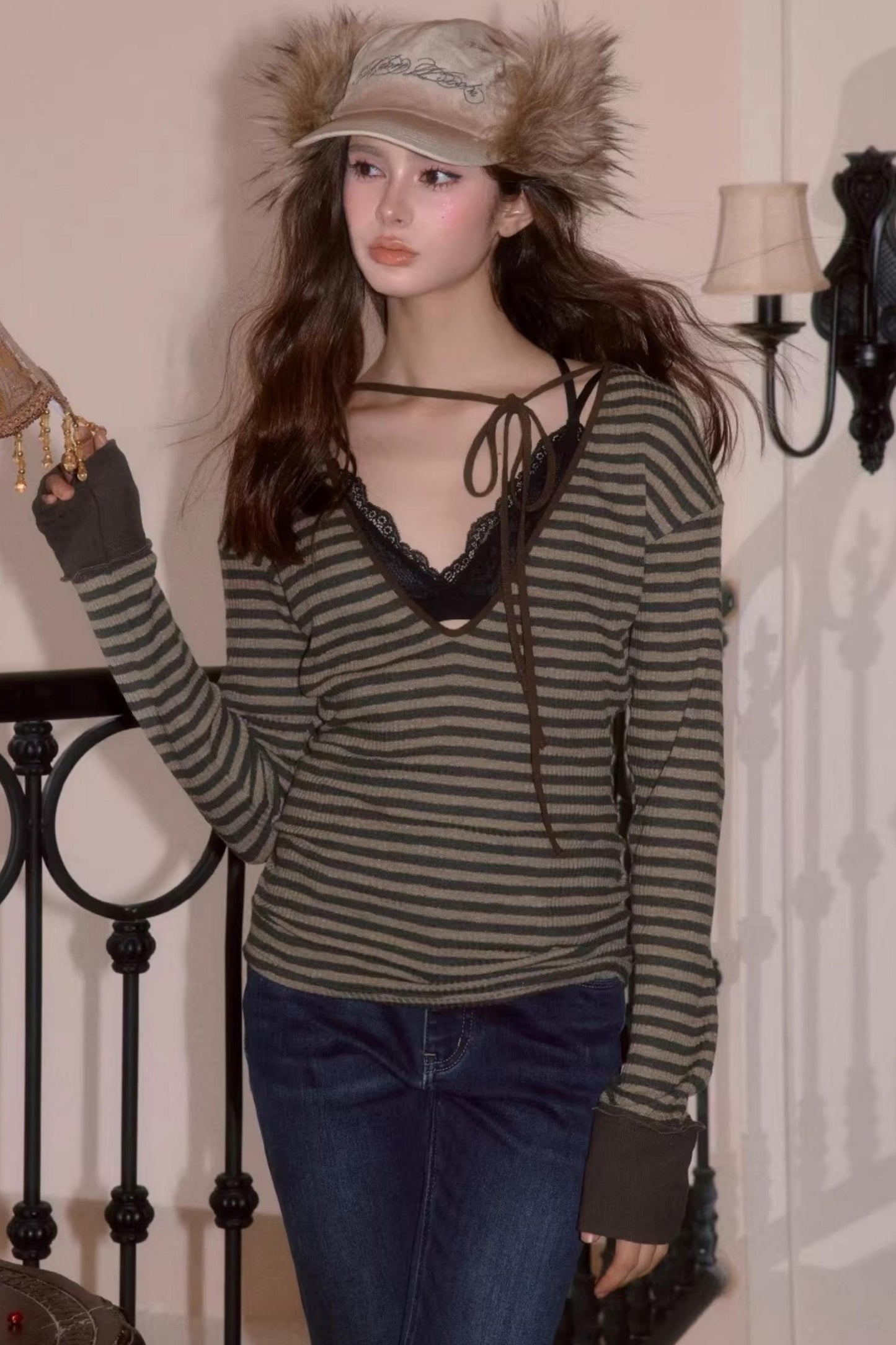 Sweet Tie V-Neck Blouse Top