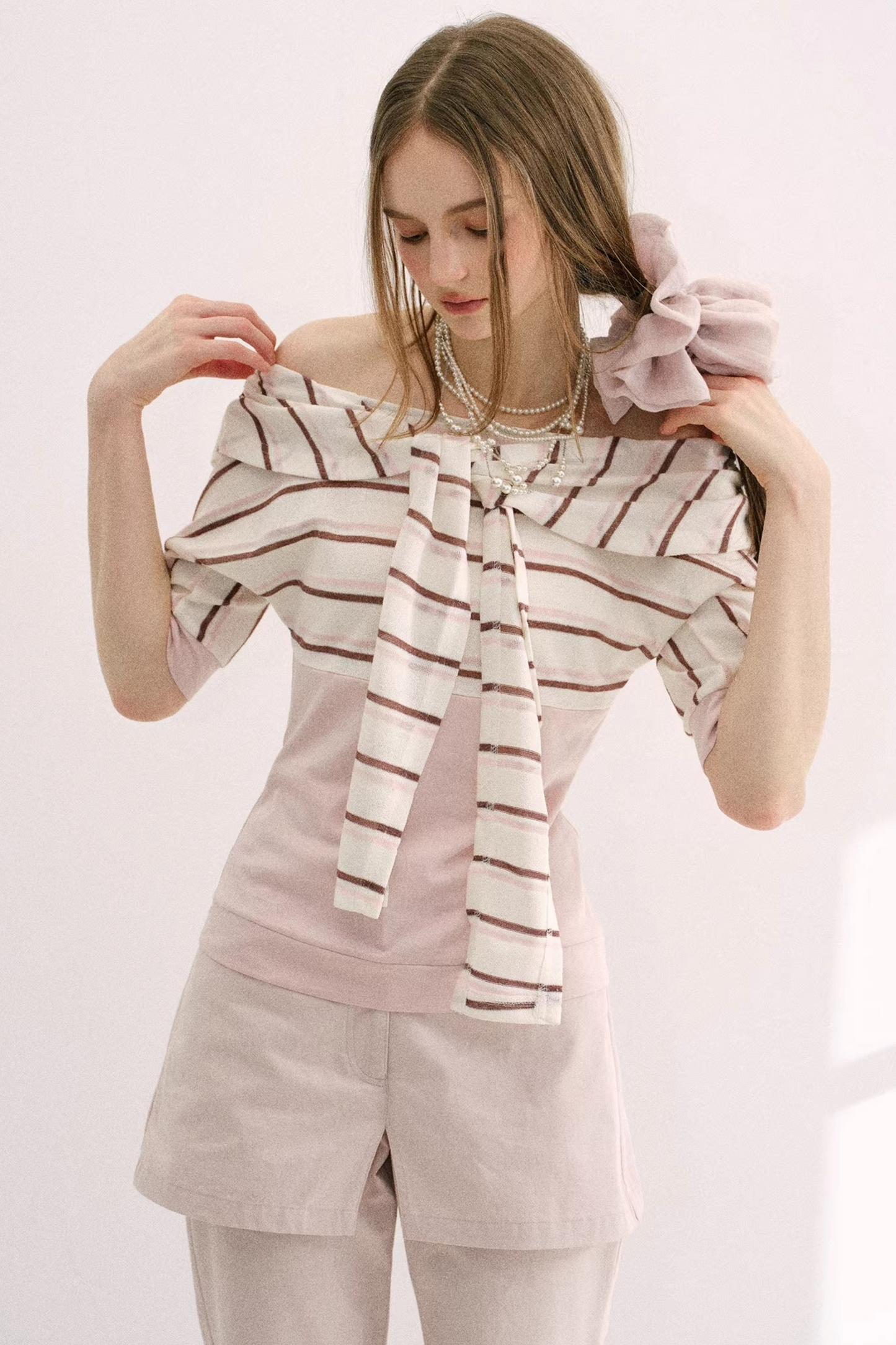 Cherry Blossom Striped Tie-Neck Top