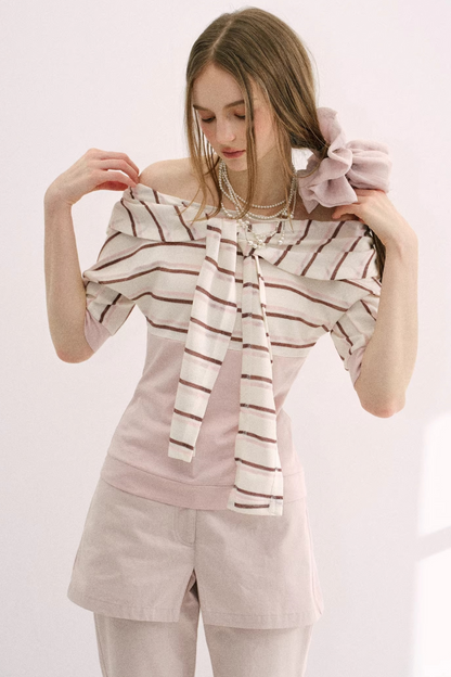 Cherry Blossom Striped Tie-Neck Top
