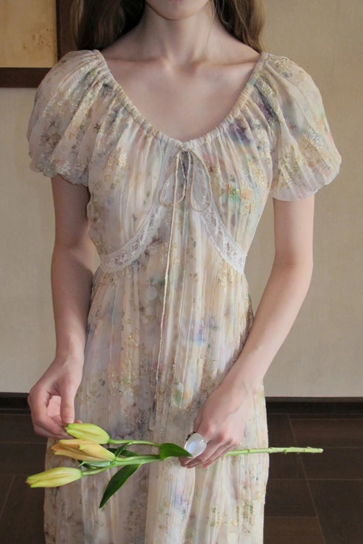 Embroidery Pleated Puff Sleeve Dress