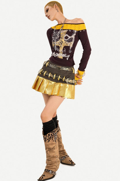 Gold Patchwork Pleated Skirt