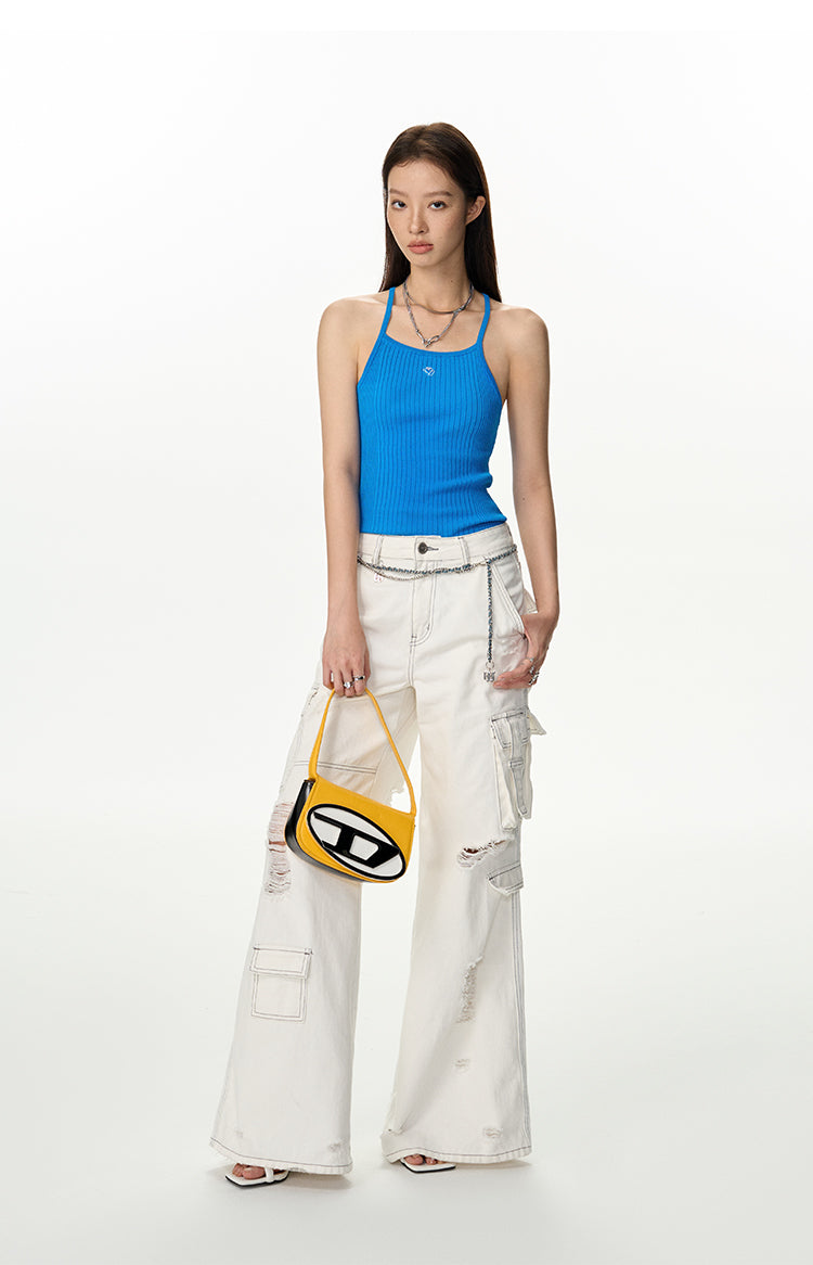 White Work Design Wide Denim Pants