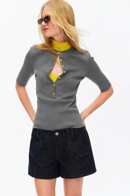 Modern gray and yellow color-blocked slim-fit knit top