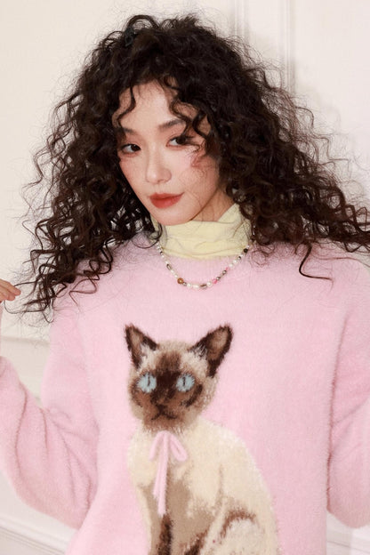 Pink Cat Imitation Mink Sweater