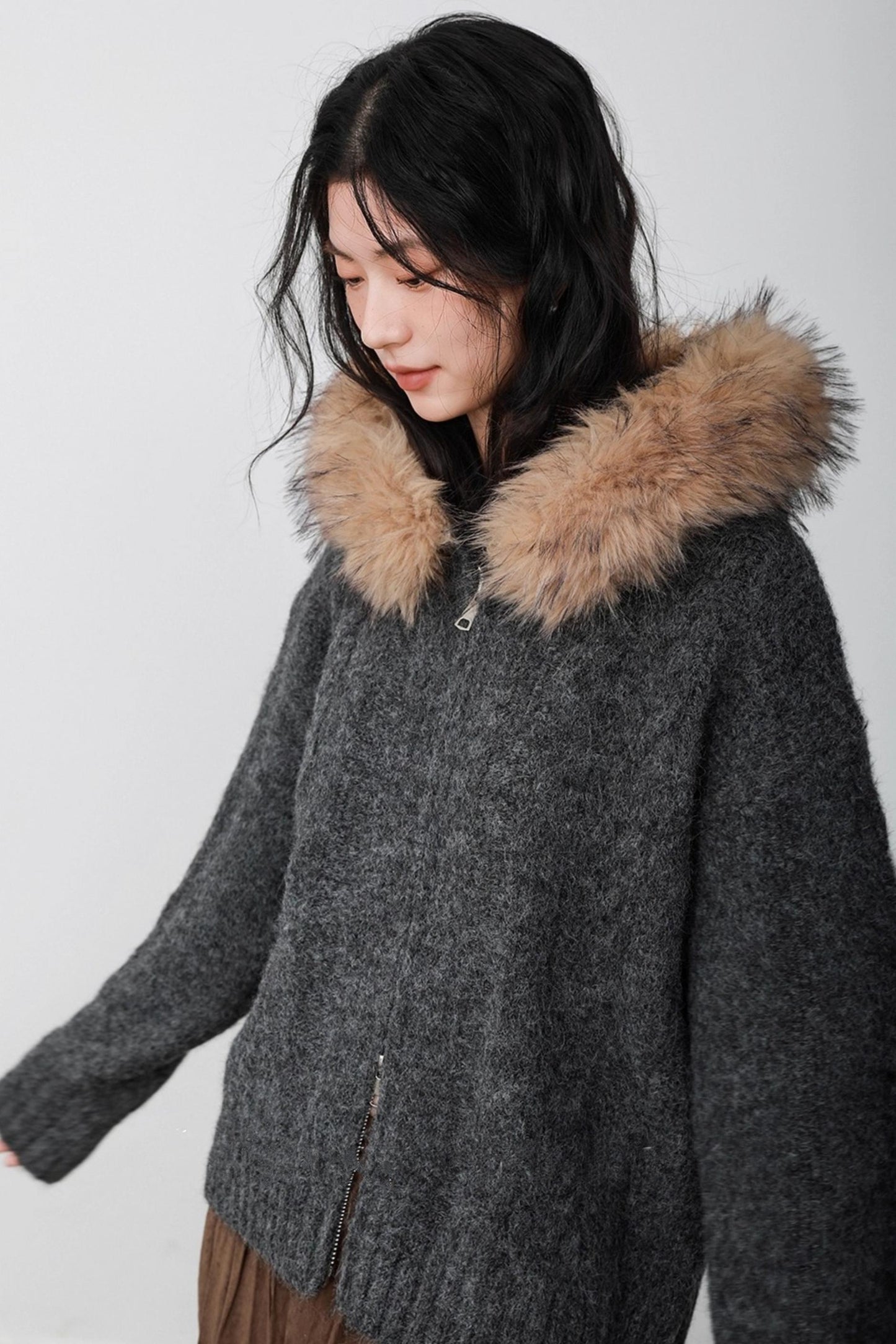 Fog Gray Fur Collar Hooded Jacket