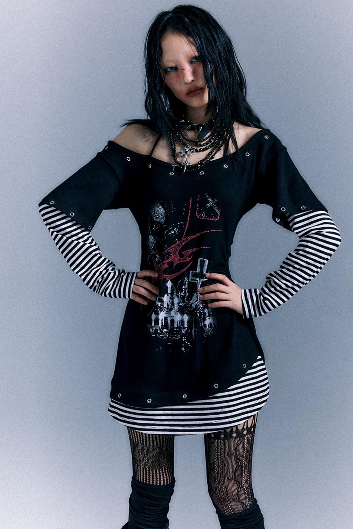 Punk Striped Cinched Waist T-Shirt Dress