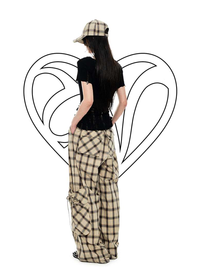 Gradient Plaid Pattern Wide Leg Cargo Pants