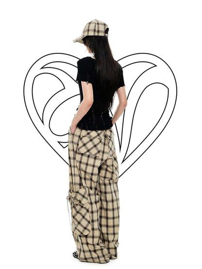 Gradient Plaid Pattern Wide Leg Cargo Pants