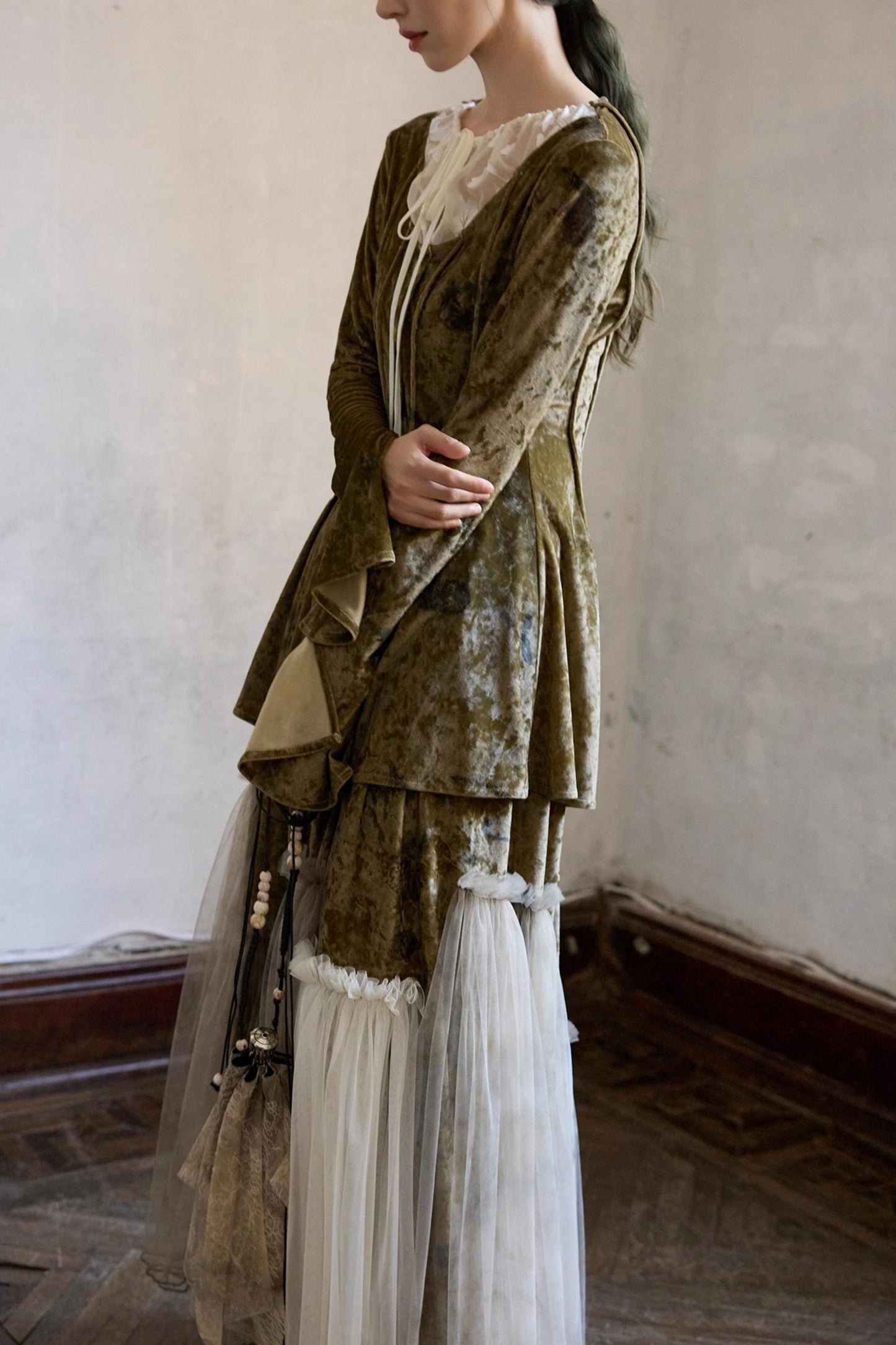 French Velvet Long Sleeve Lace-up Top