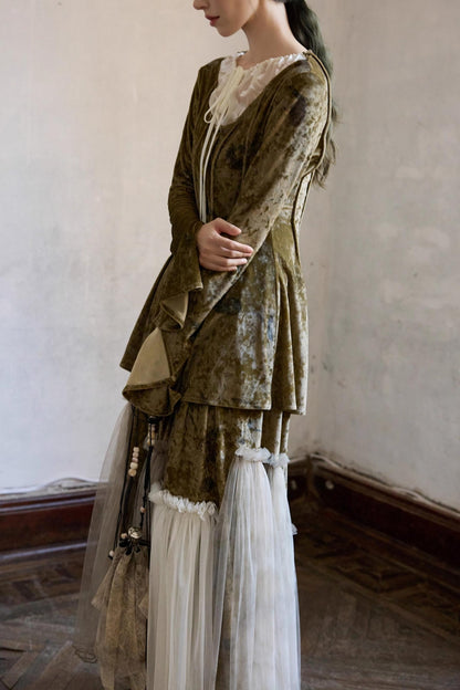 French Velvet Long Sleeve Lace-up Top