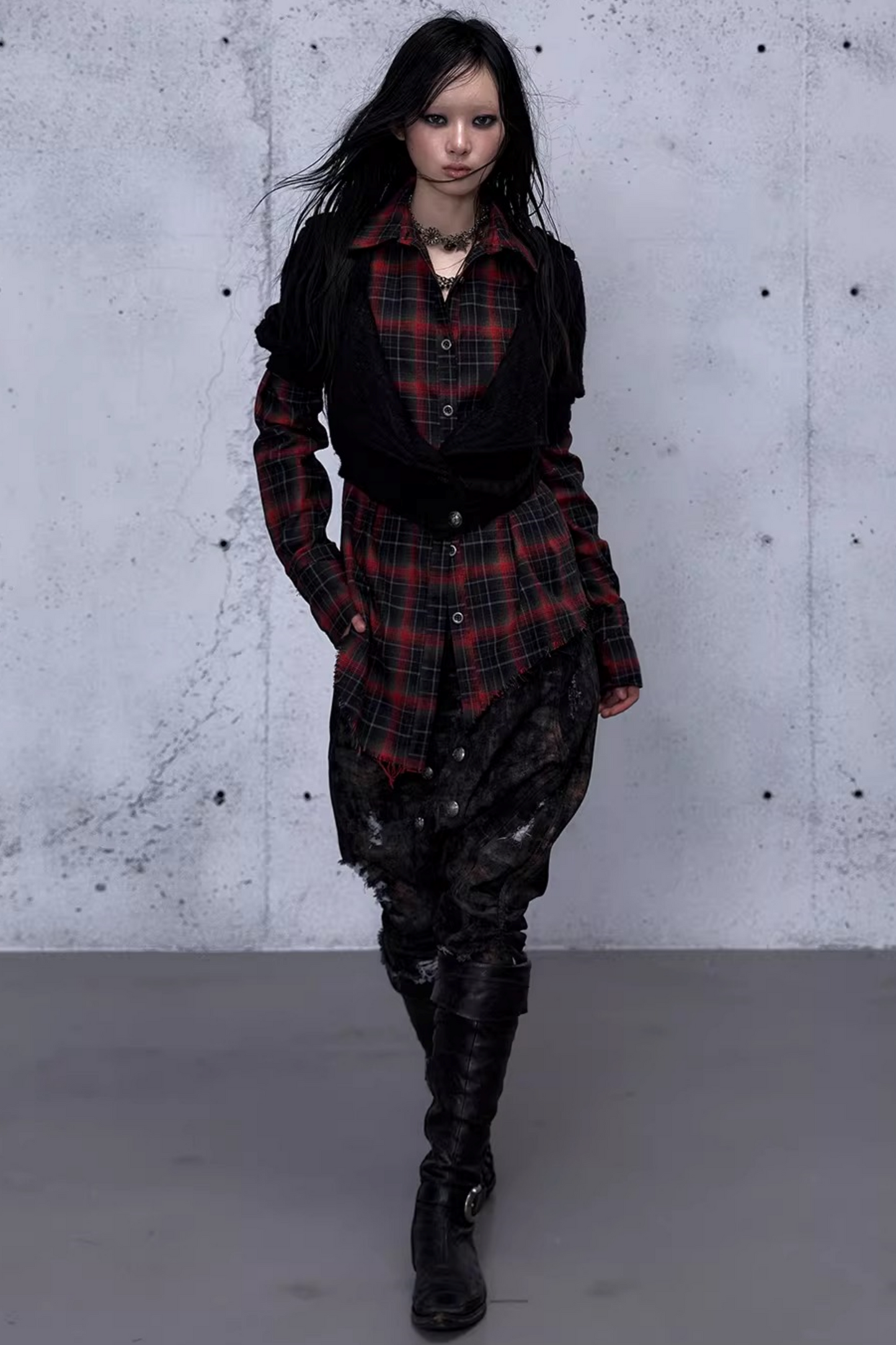 Plaid Knit Irregular Top