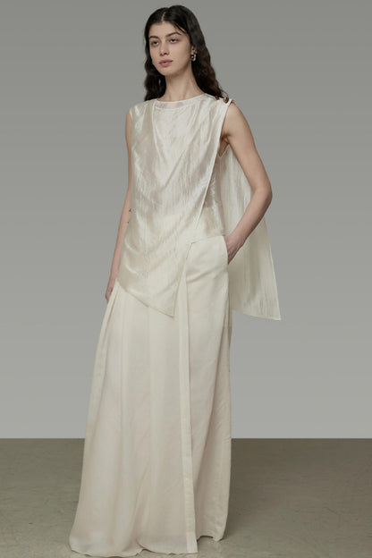 Draped Asymmetric Wide-Leg Trousers